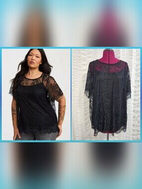 Torrid Lace Overlay Blouse Womens Black Sheer Floral Short Sleeve Top Tank Lined